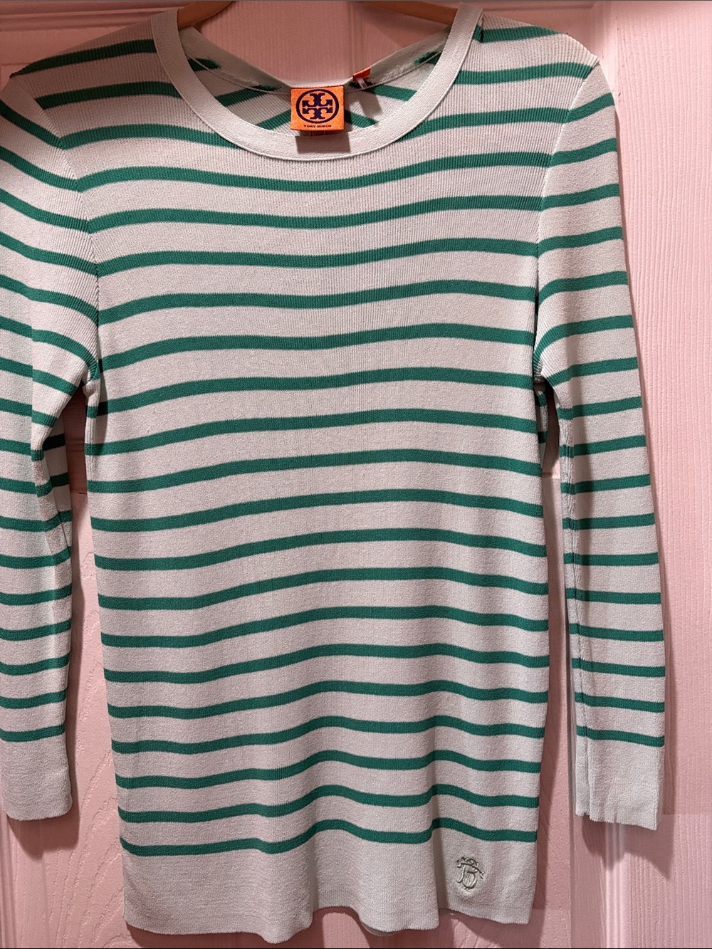 Tory Burch White and Green Striped Crewneck Sweater